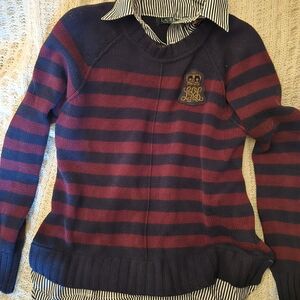 Lauren Ralph Lauren Navy and Burgundy Rugby Stripe Crew Sweater